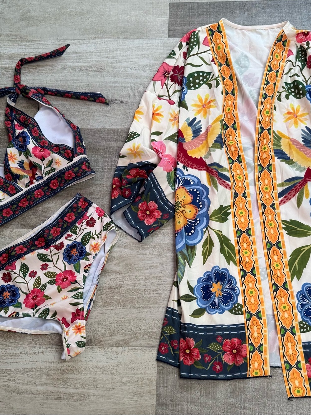 Floral Bird Print Swim Set & Cover-Up — White Multi